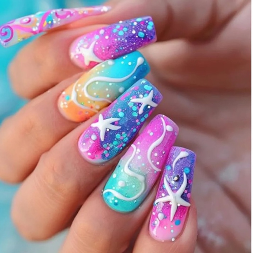 NEW Seashell Shimmer & Starfish Wishes Square Long Press-On Nails